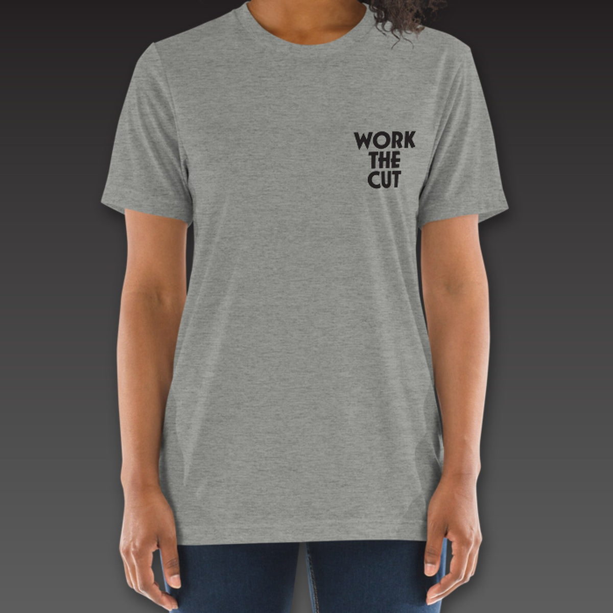 Women's Haymaker Tee in athletic grey, Work the Cut stacked on the left chest