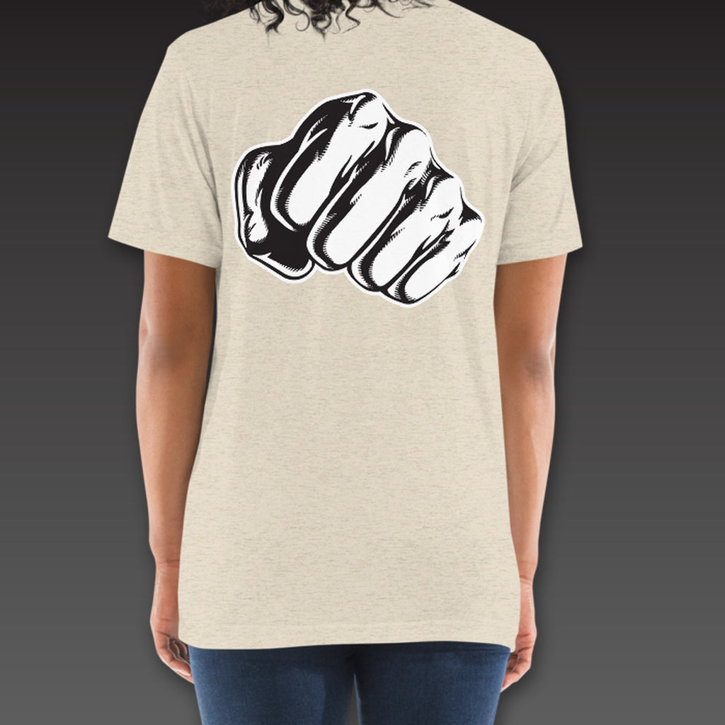 Women's Haymaker Tee in oatmeal, a single fist across the full back