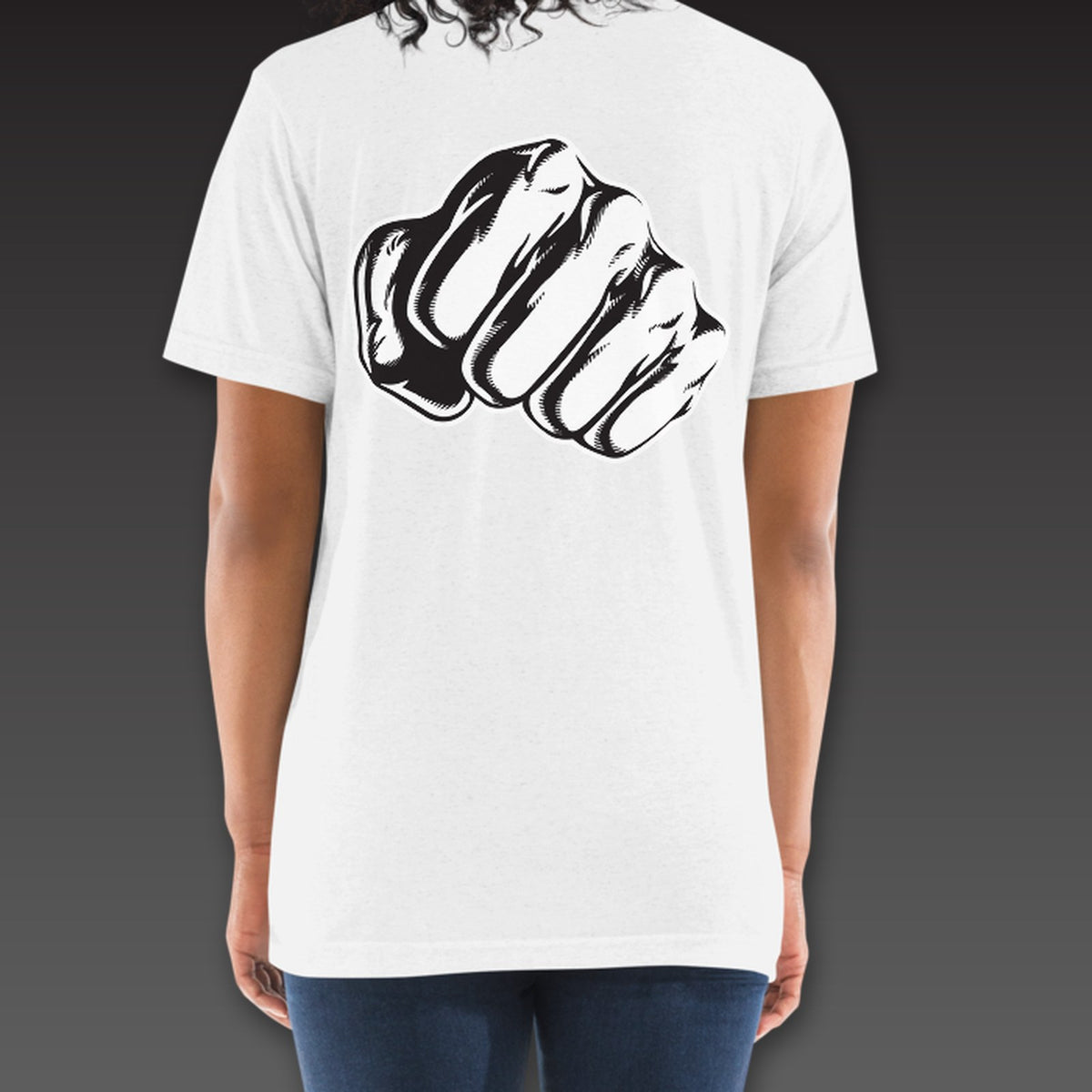 Women's Haymaker Tee in white, a single fist across the full back
