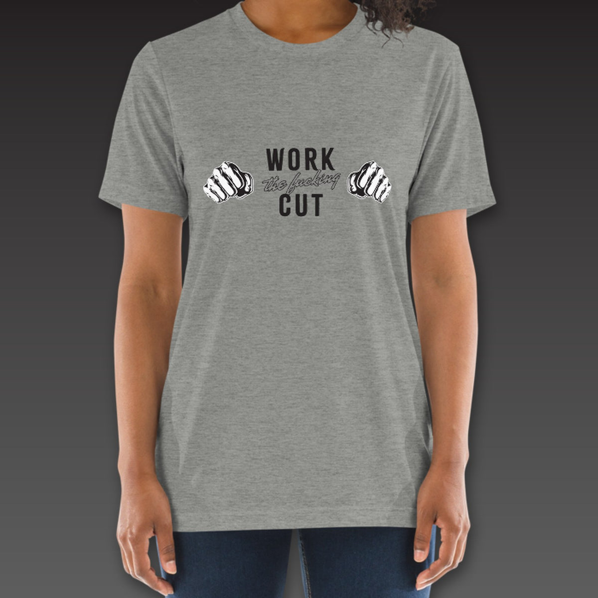 Women's One-Two Tee in athletic grey, two fists with the full phrase across the chest
