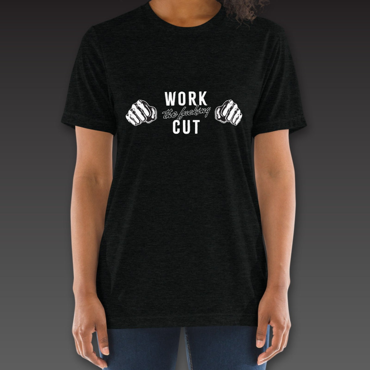 Women's One-Two Tee in black, two fists with the full phrase across the chest