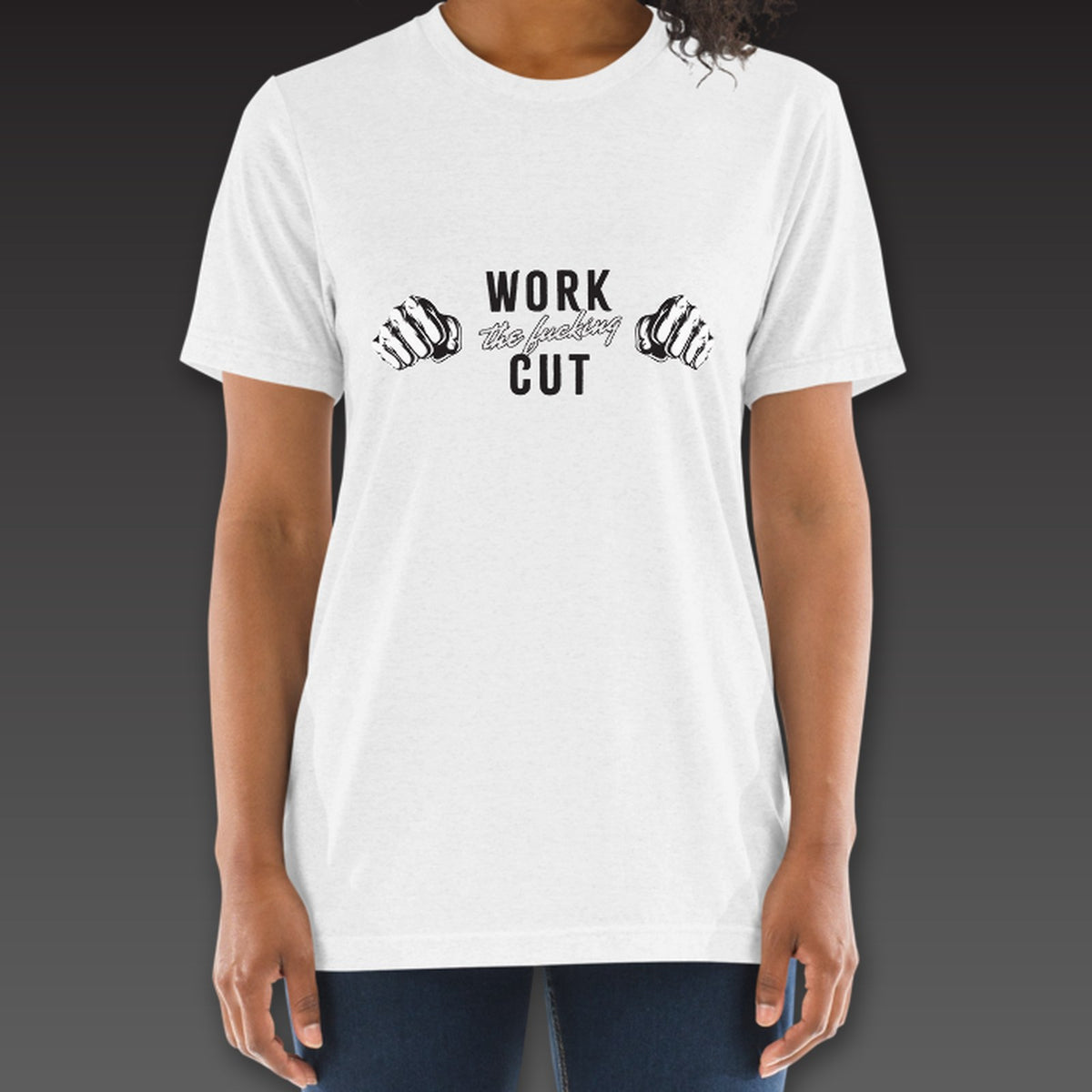 Women's One-Two Tee in white, two fists with the full phrase across the chest