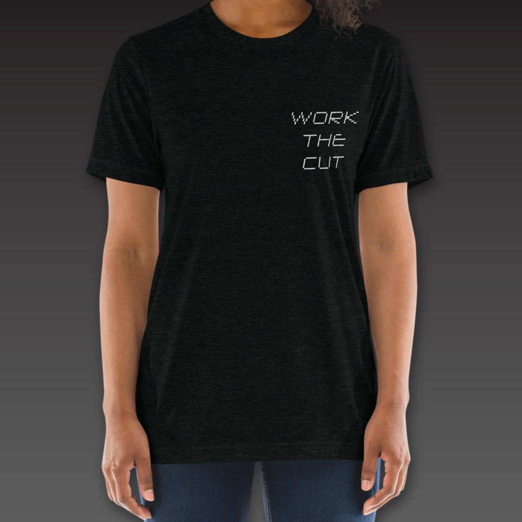 Women's Split Decision Tee in black, dotted Work the Cut stacked on the left chest
