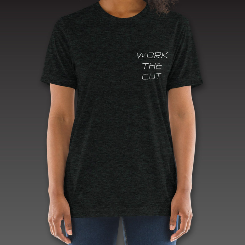 Women's Split Decision Tee in charcoal black, dotted Work the Cut stacked on the left chest