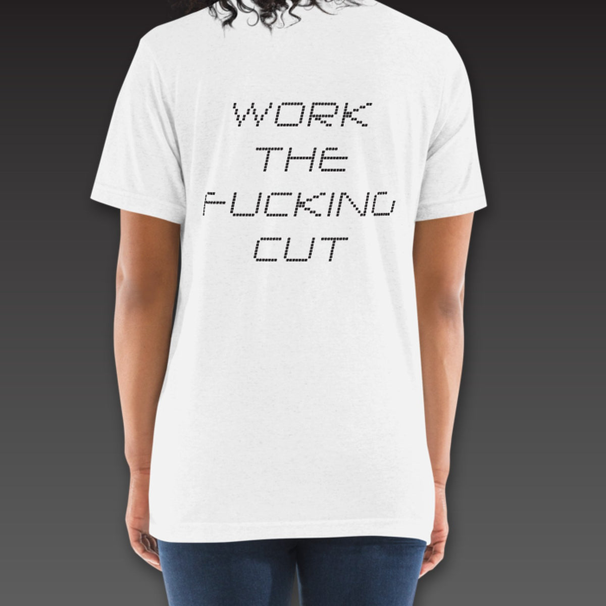 Women's Scorecard Tee in white, the full phrase stacked in dotted letters across the back