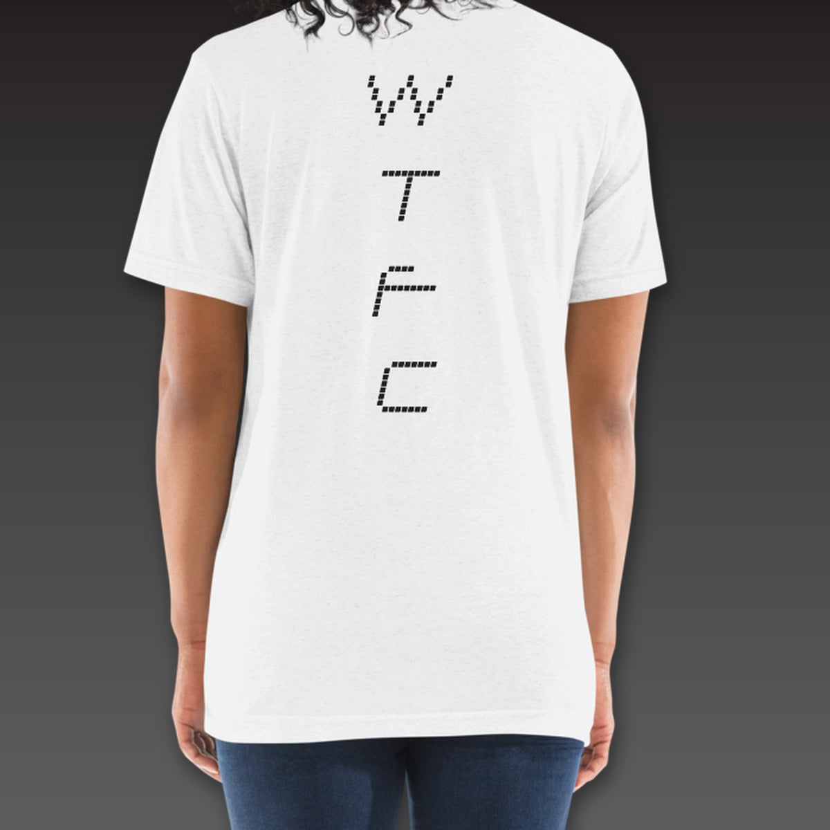 Women's Split Decision Tee in white, dotted WTFC running down the back