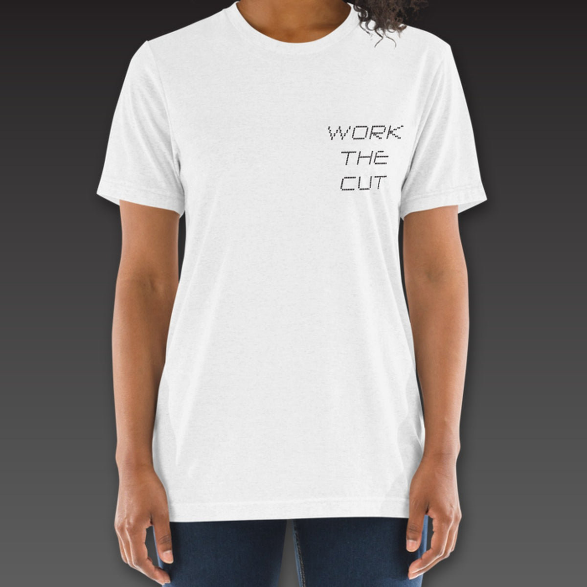 Women's Split Decision Tee in white, dotted Work the Cut stacked on the left chest
