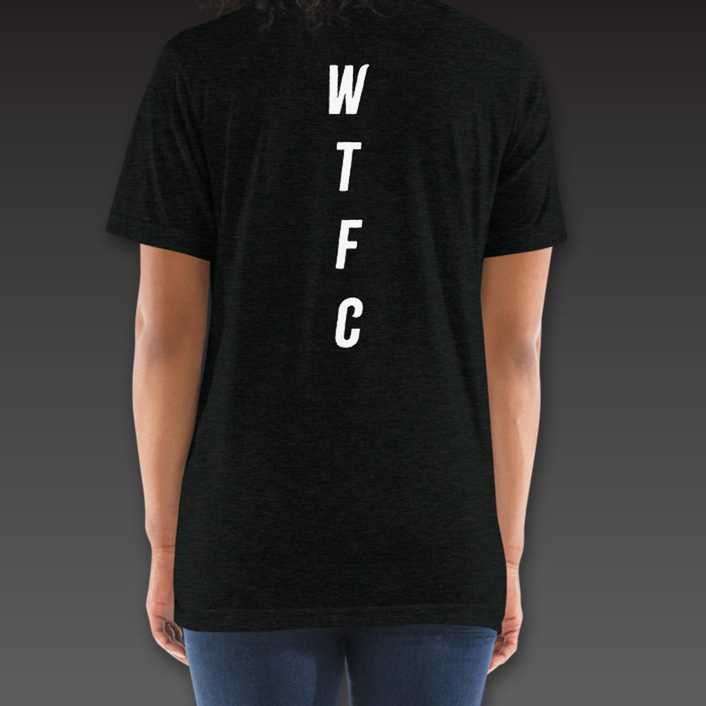 Women's Fine Print Tee in black, WTFC running down the back