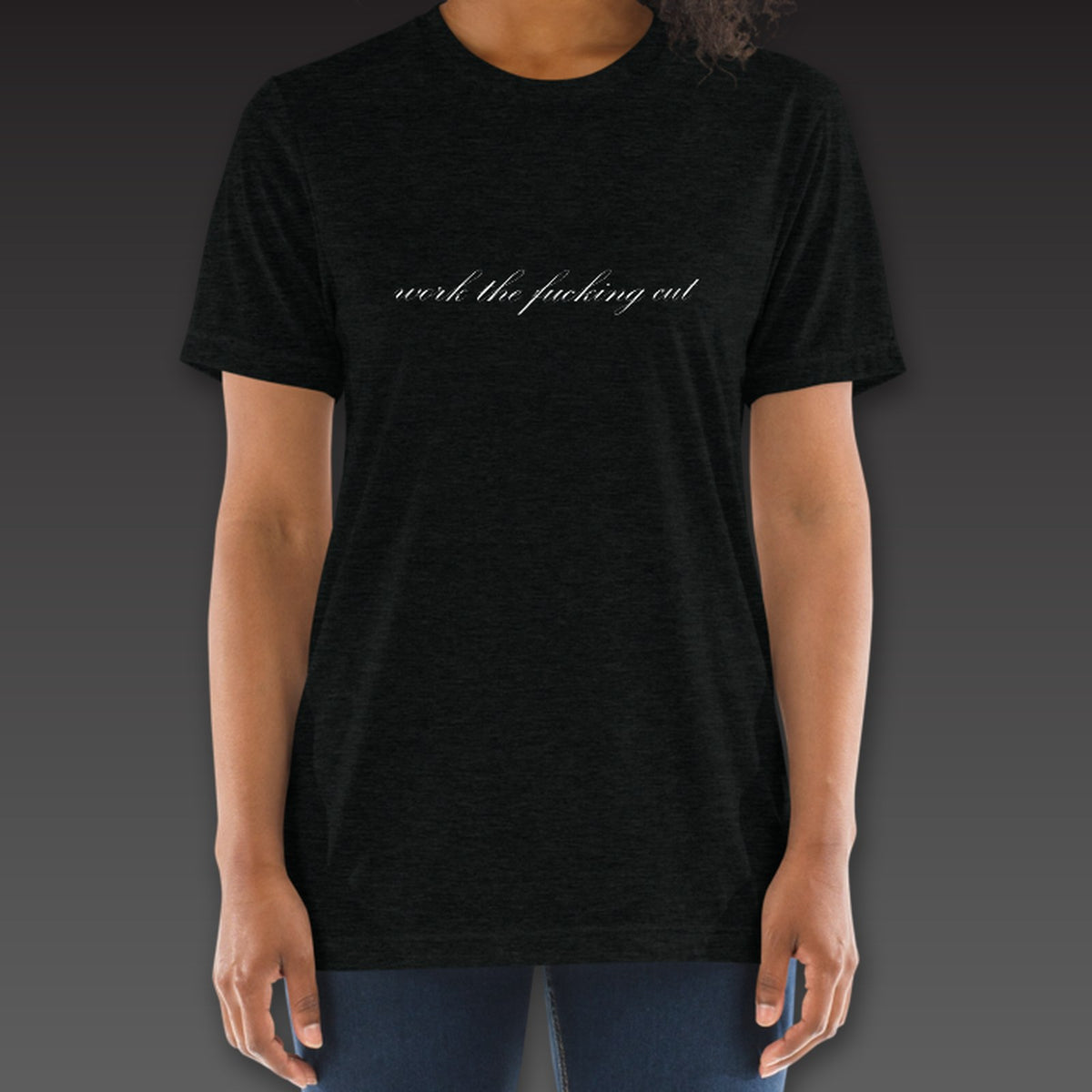 Women's Fine Print Tee in black, the phrase in script across the chest