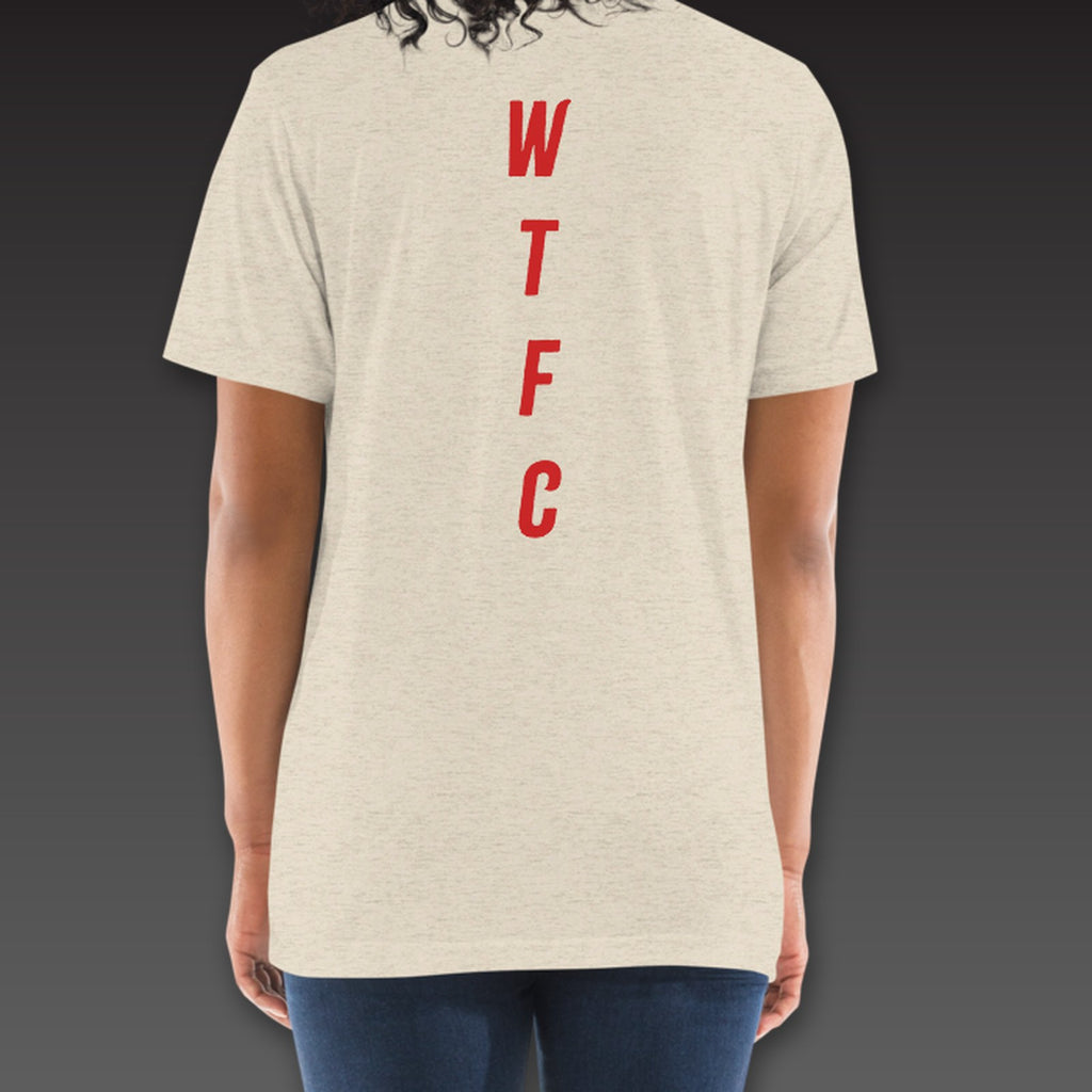 Women's Fine Print Tee in oatmeal / red, WTFC running down the back