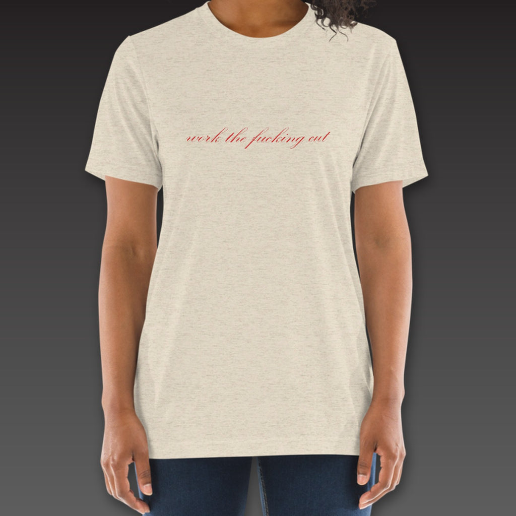 Women's Fine Print Tee in oatmeal / red, the phrase in script across the chest
