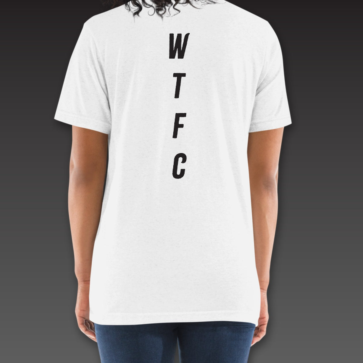 Women's Fine Print Tee in white, WTFC running down the back