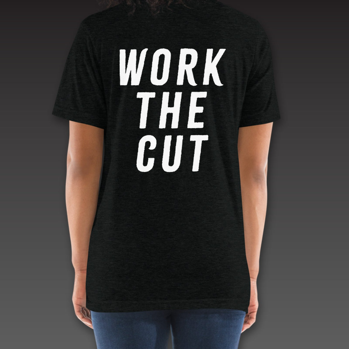 Women's Jab Tee in black, Work the Cut stacked across the back