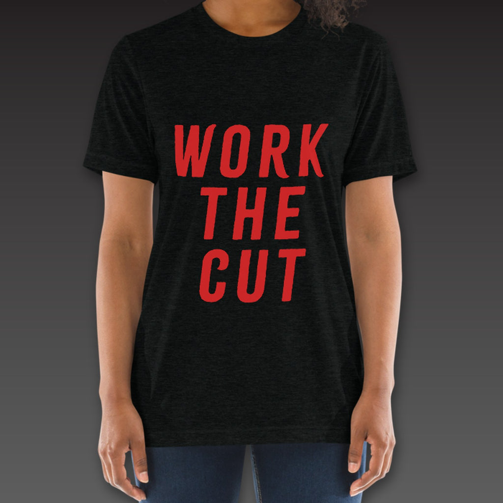 Women's Headliner Tee in black / red, Work the Cut stacked down the whole front