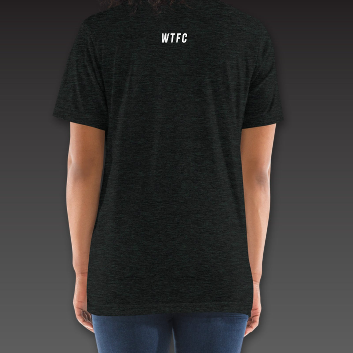 Women's Headliner Tee in charcoal black, a small WTFC below the back collar