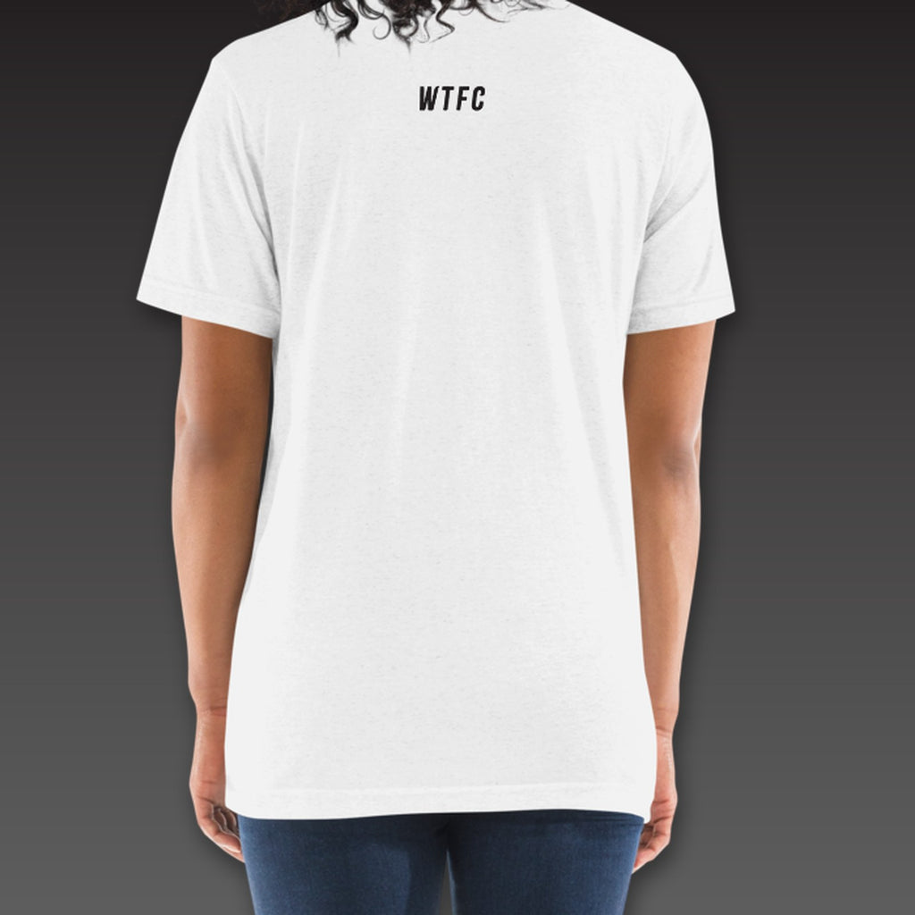 Women's Headliner Tee in white, a small WTFC below the back collar