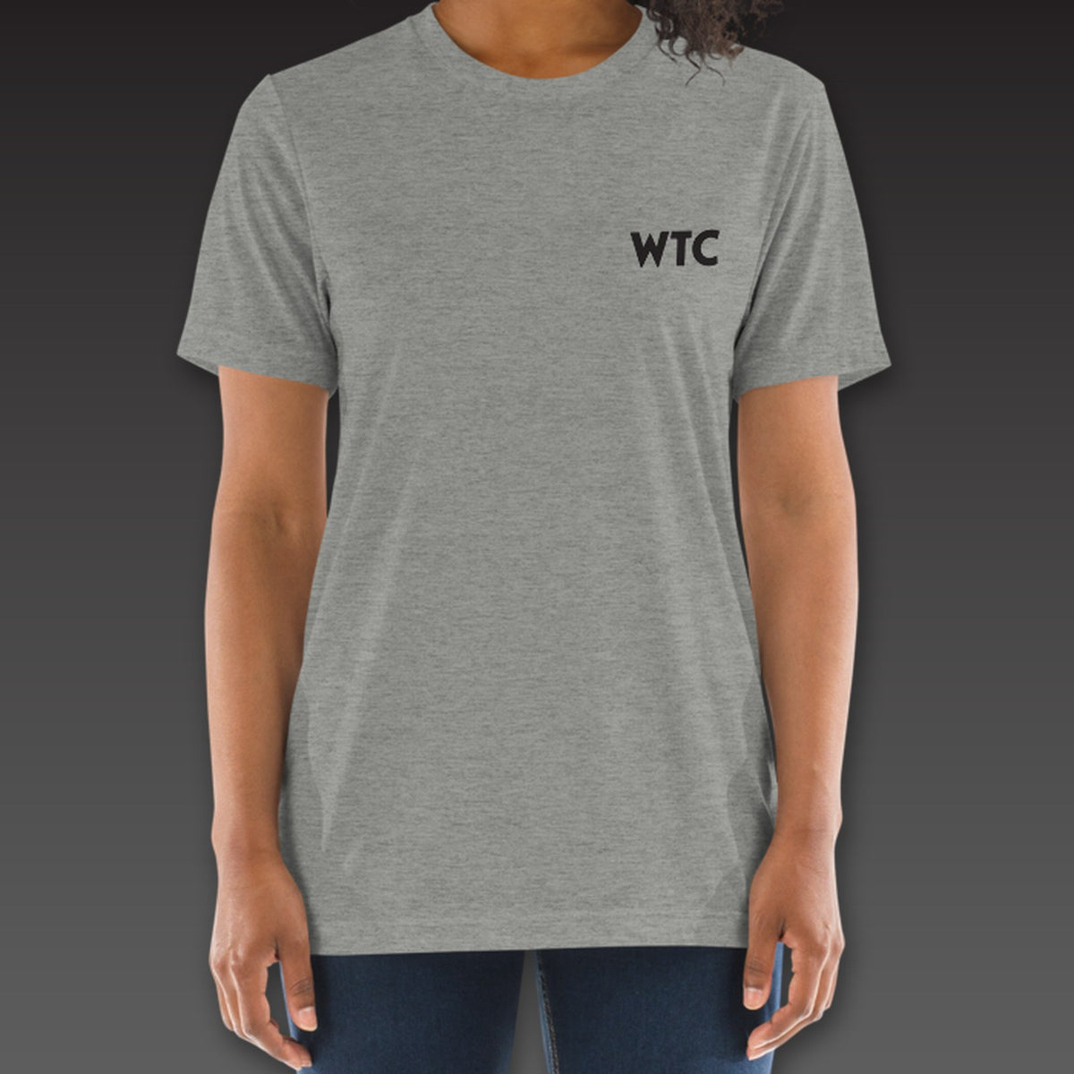 Women's Heavyweight Tee in athletic grey, geometric WTC on the left chest