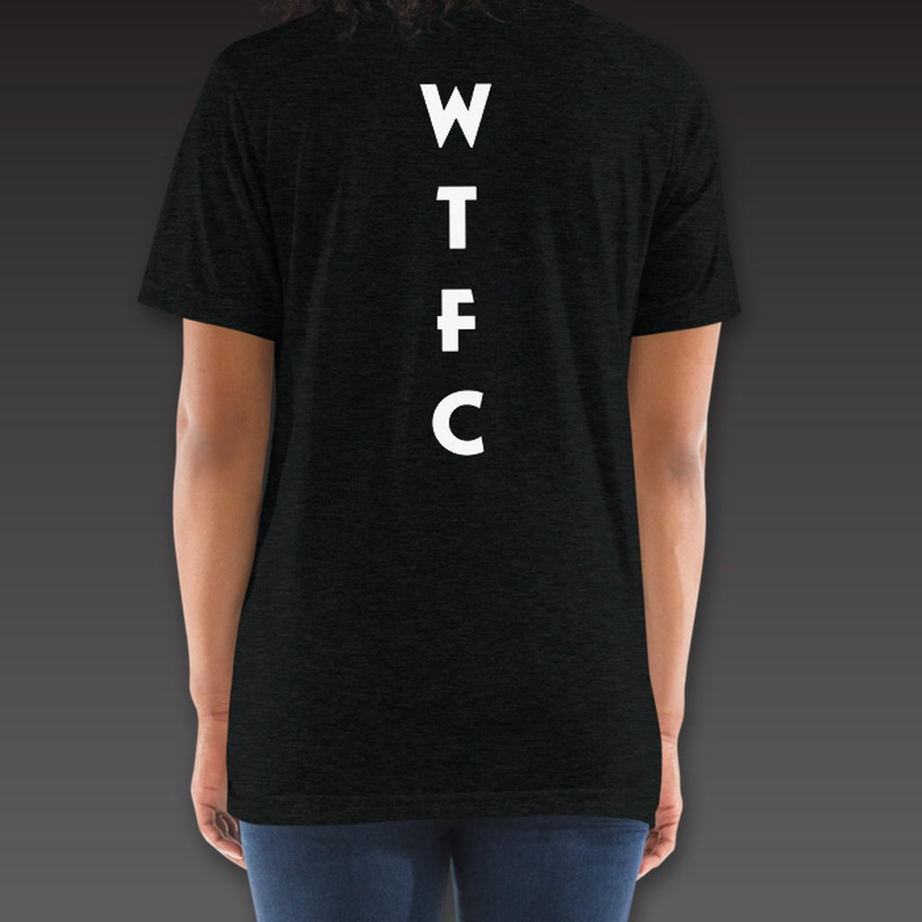 Women's Uppercut Tee in black, geometric WTFC running down the spine