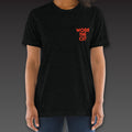 Women's Uppercut Tee in black / blood orange, geometric Work the Cut stacked on the left chest