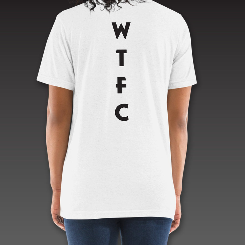 Women's Uppercut Tee in white, geometric WTFC running down the spine
