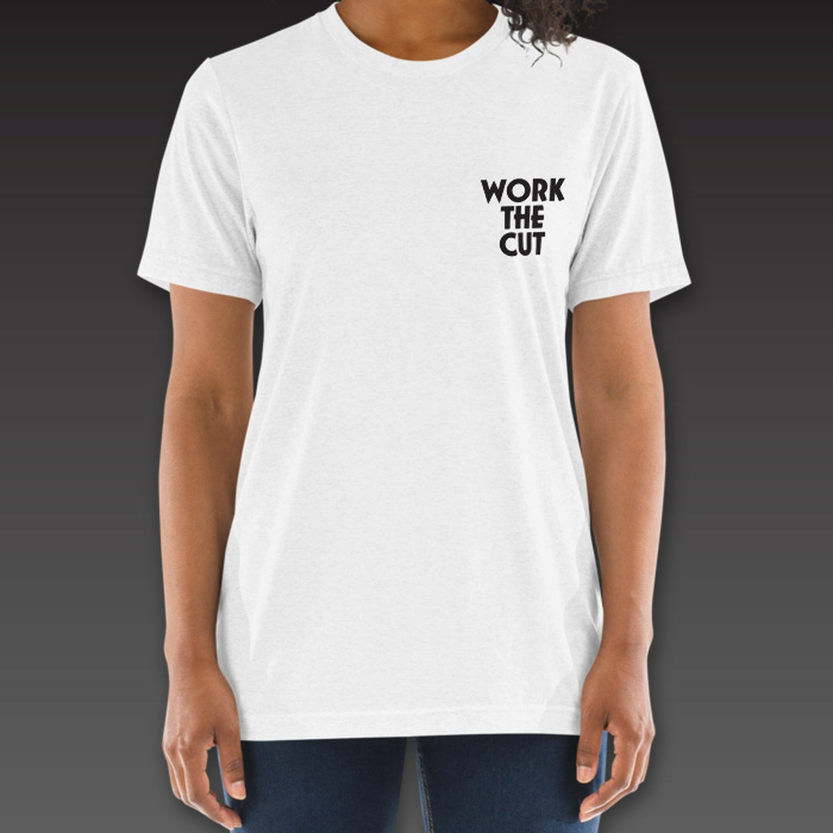 Women's Uppercut Tee in white, geometric Work the Cut stacked on the left chest
