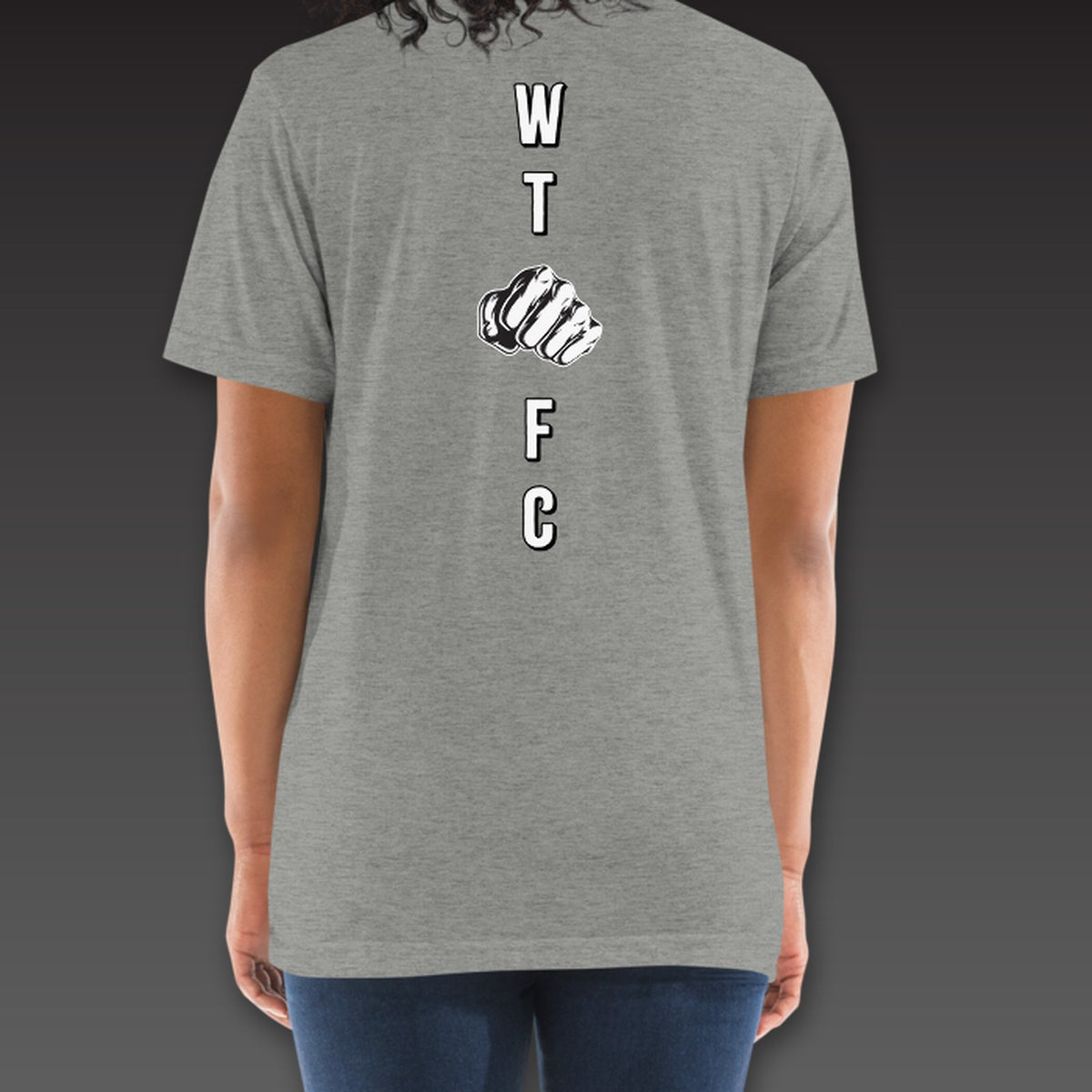 Women's Bare Knuckle Tee in athletic grey, outlined W, T, fist, F and C down the back