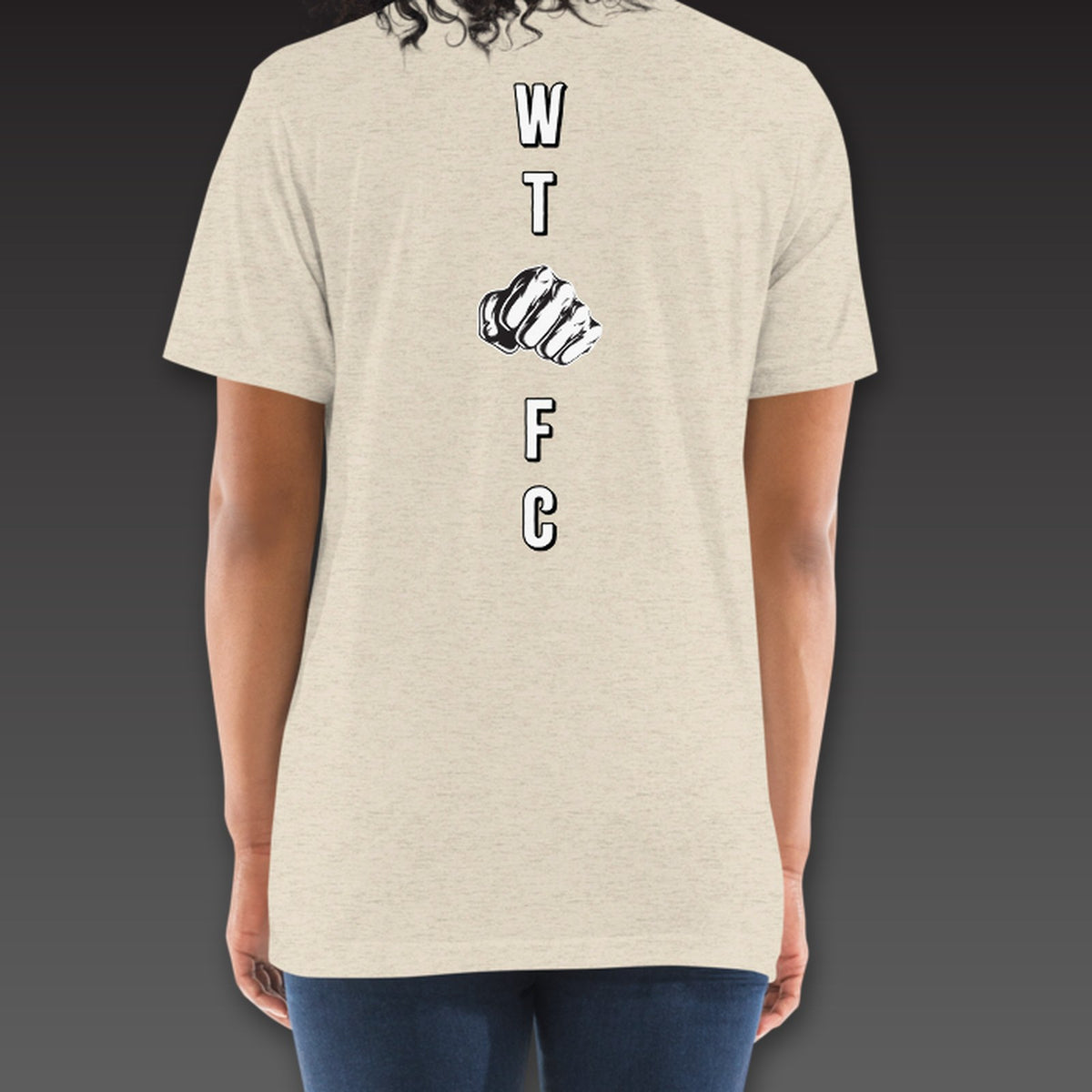 Women's Bare Knuckle Tee in oatmeal, outlined W, T, fist, F and C down the back