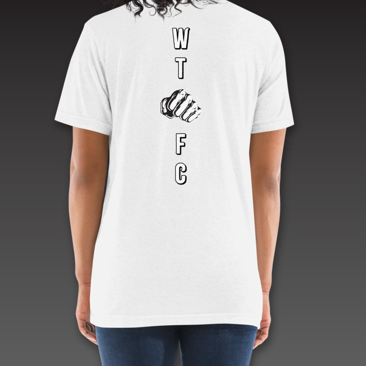 Women's Bare Knuckle Tee in white, outlined W, T, fist, F and C down the back