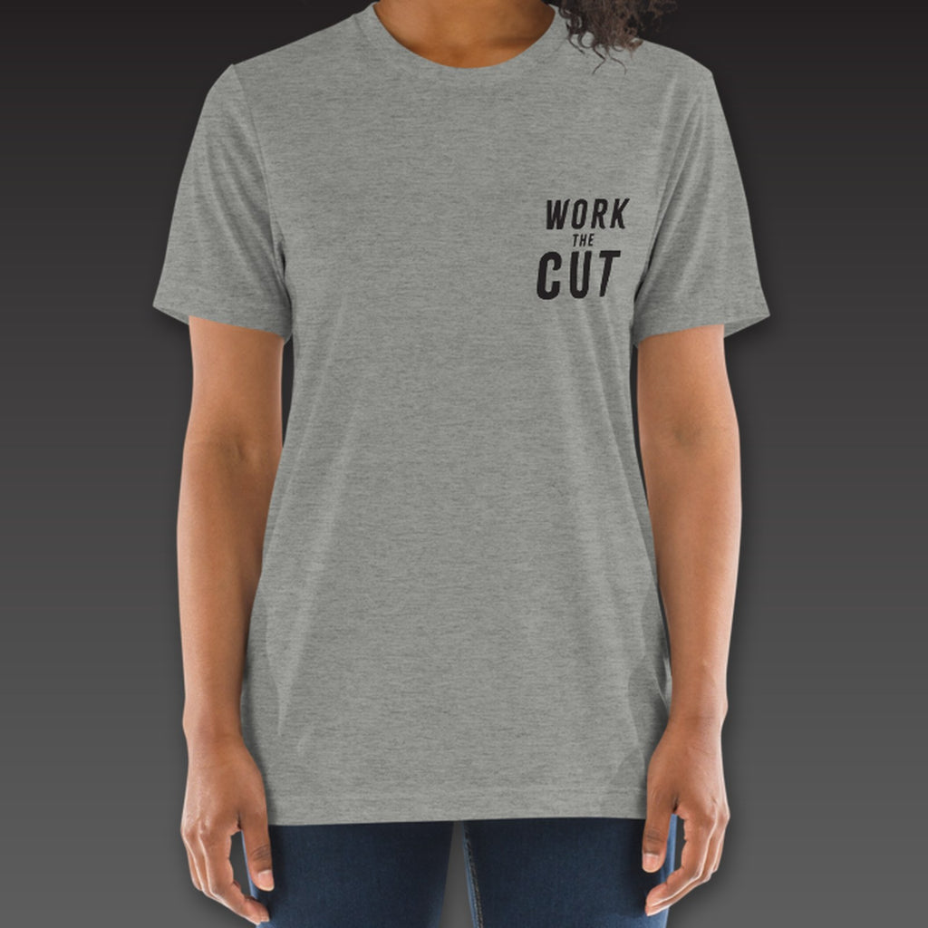 Women's Cutman Tee in athletic grey, Work the Cut stacked on the left chest