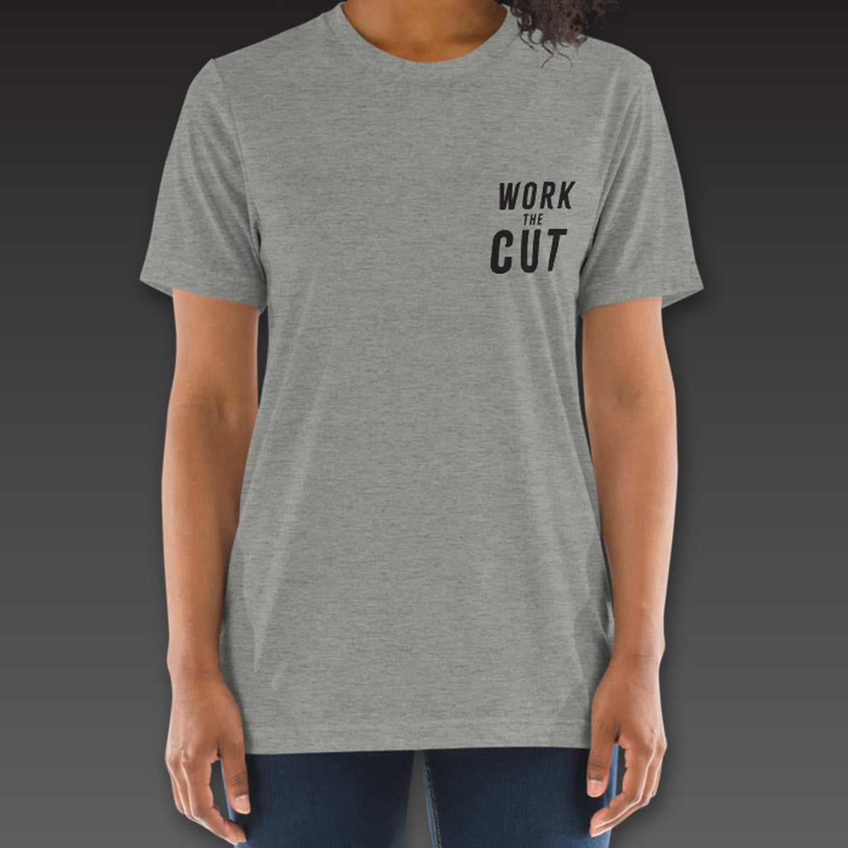 Women's Cutman Tee in athletic grey, Work the Cut stacked on the left chest
