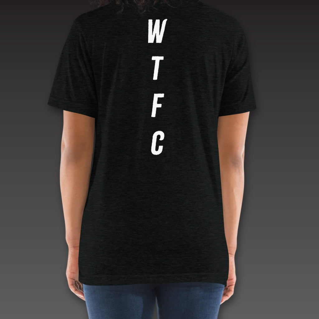 Women's Cutman Tee in black, WTFC running down the spine
