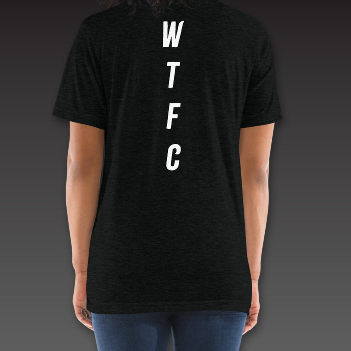 Women's Cutman Tee in black, WTFC running down the spine