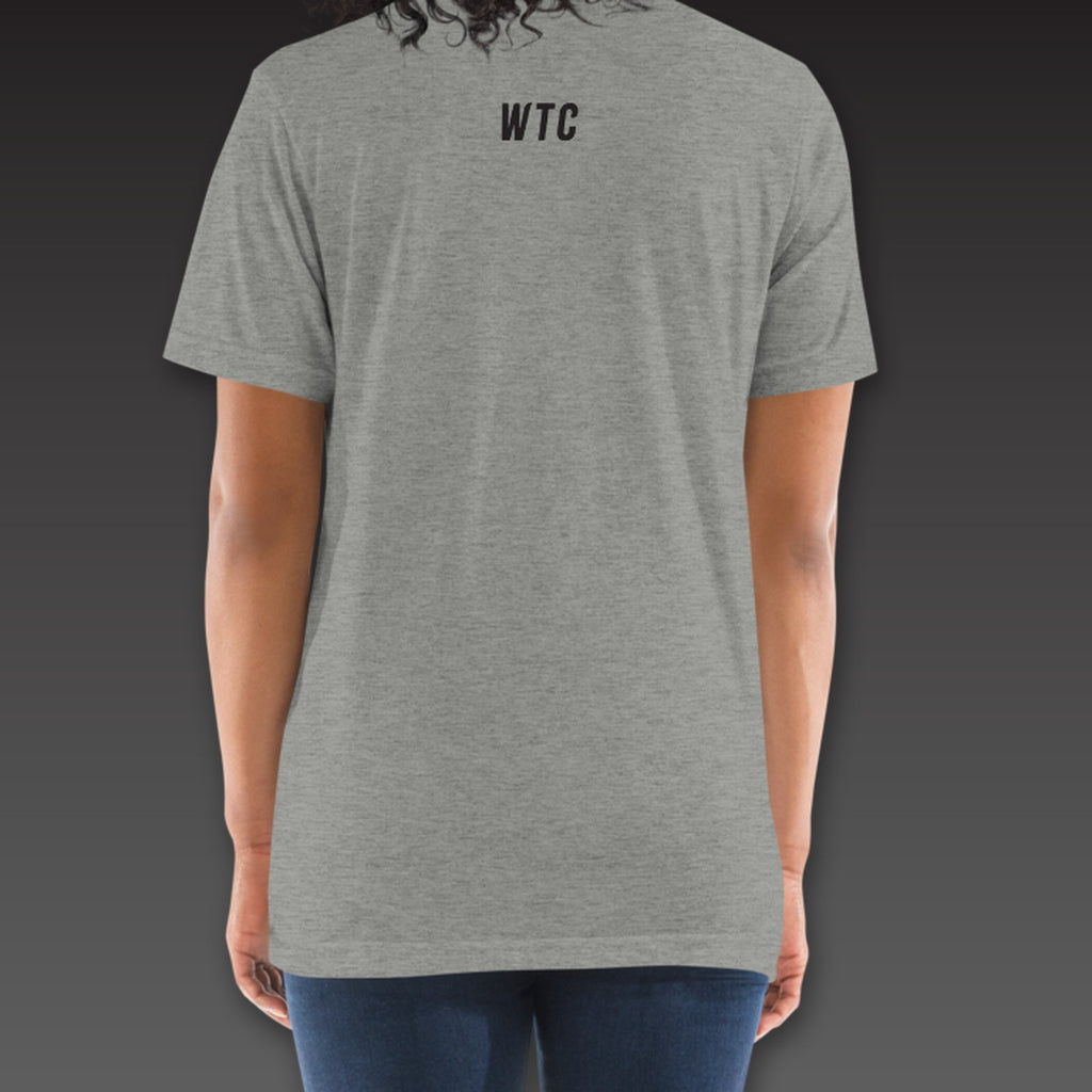 Women's Late Rounds Tee in athletic grey, a small WTC below the back collar
