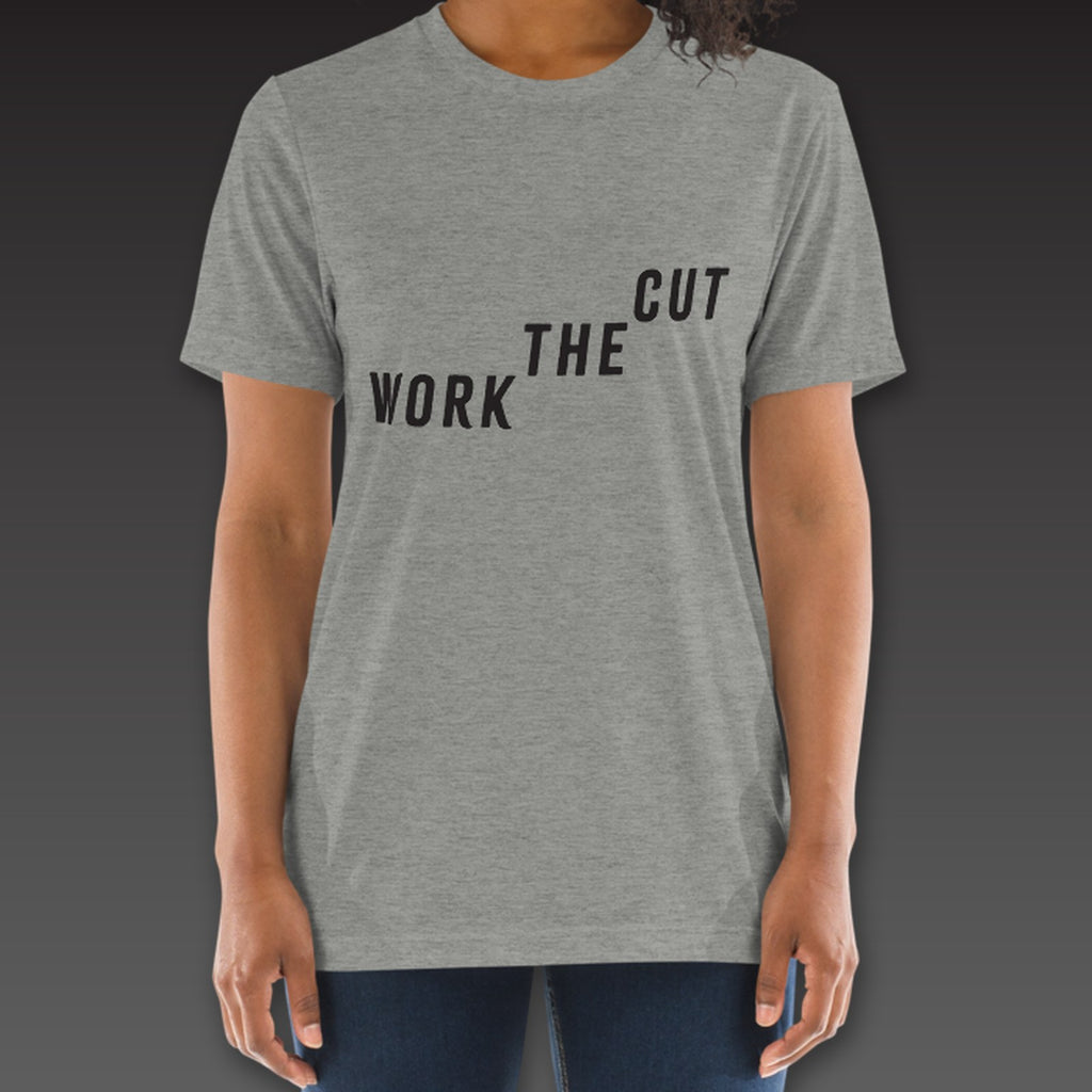 Women's Late Rounds Tee in athletic grey, Work the Cut climbing up across the chest