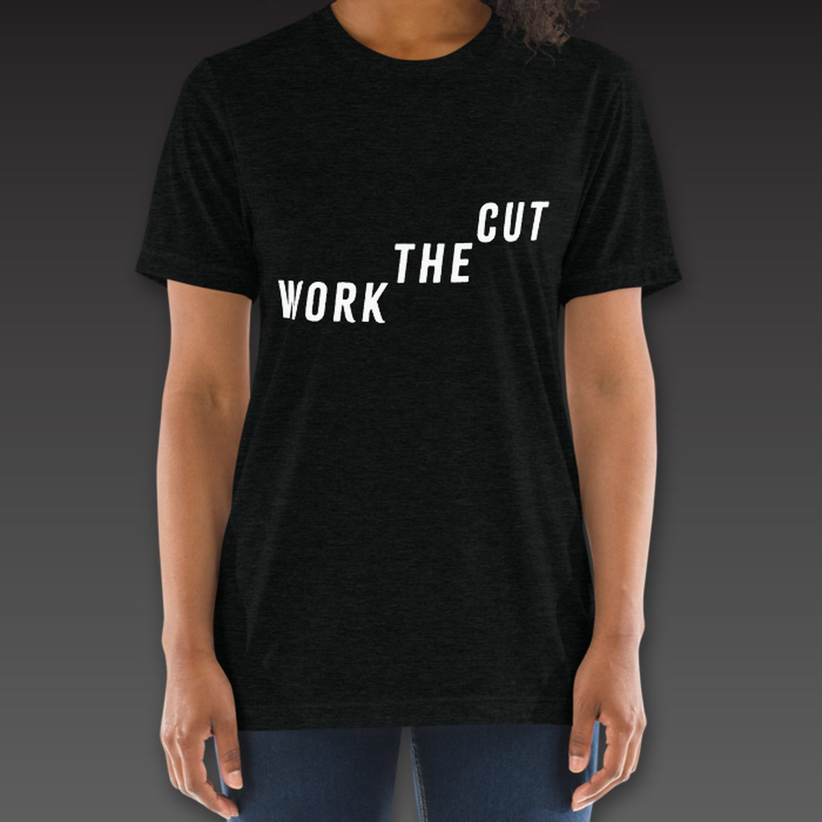Women's Late Rounds Tee in black, Work the Cut climbing up across the chest